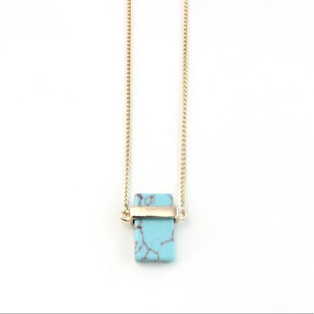 Rectangle Teal Marble Stone Pendant gold necklace